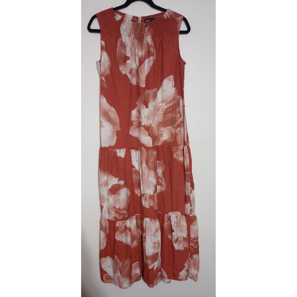 Simply Vera Vera Wang Rust Orange Floral Smocked Neck Tiered Midi Dress Medium